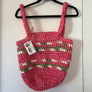 Handmade Crochet Market Bag Pink White Green Striped Recycled Plastic New